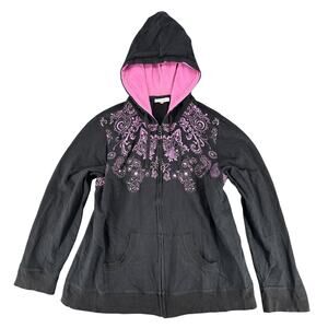 Vintage Y2K Fashion Bug Pink Black Hoodie Goth Fairy Grunge Zip Jacket XL